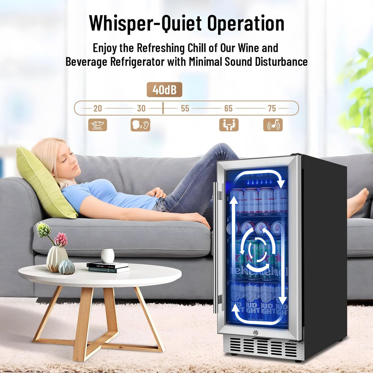 15 Inch Beverage Refrigerator, 130 Can Capacity Under Counter Fridge with Lock & Glass Door, Quiet