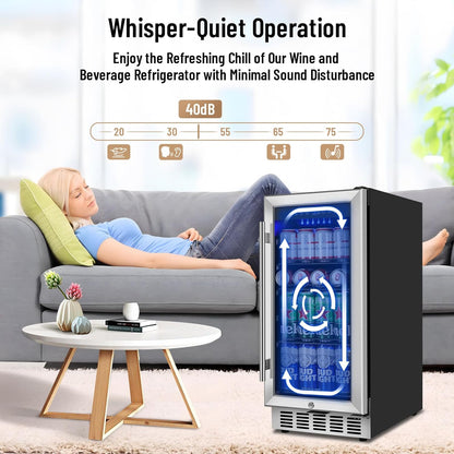 15 Inch Beverage Refrigerator, 130 Can Capacity Under Counter Fridge with Lock & Glass Door, Quiet