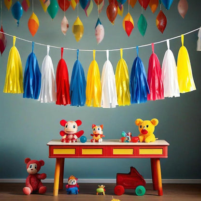 Tissue Paper Tassel Garland Banner, 20 Pack, Red Blue Yellow White, Party Decorations for Birthday