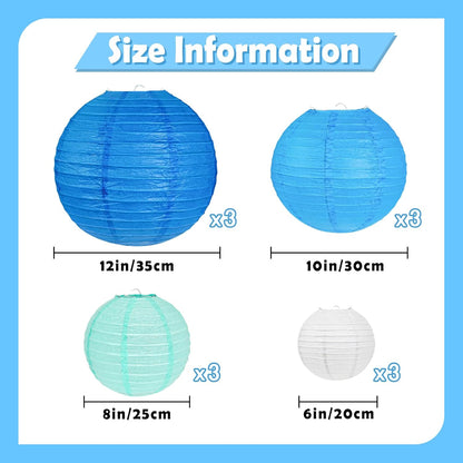 12Pcs Blue and White Paper Lanterns Assorted Sizes (6" 8" 10" 12") for Home Decor, Wedding
