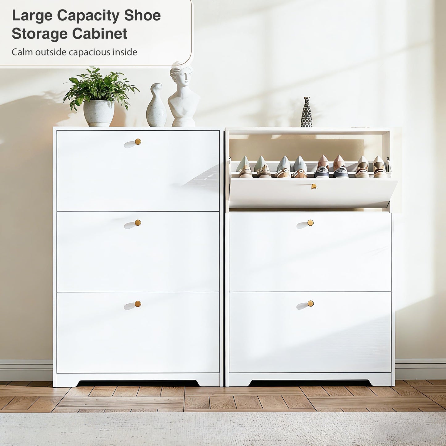 Nicetree Shoe Cabinet with 3 Flip Drawers, Modern Entryway Organizer, White