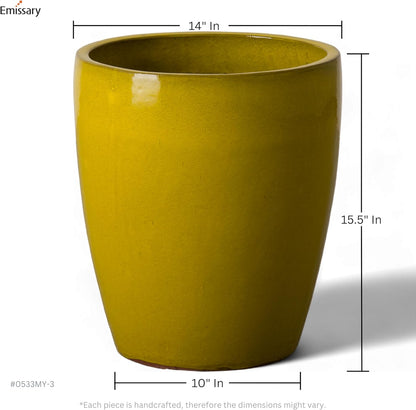 Emissary Bullet 14 in. Mustard Yellow Ceramic Round Planter (14 in. L x 14 in. W x 15.5 in. H) with