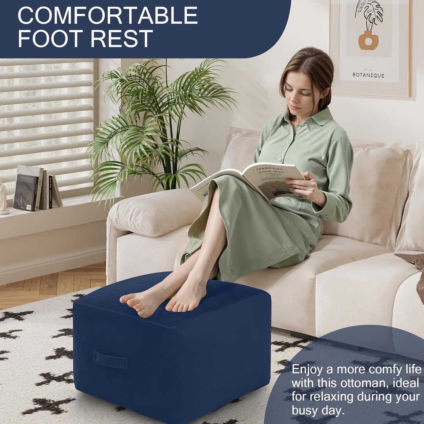 MeMoreCool Square Stuffed Pouf Ottoman Foot Rest, Floor Pouf Foot Stool with Foam Chunk Filling