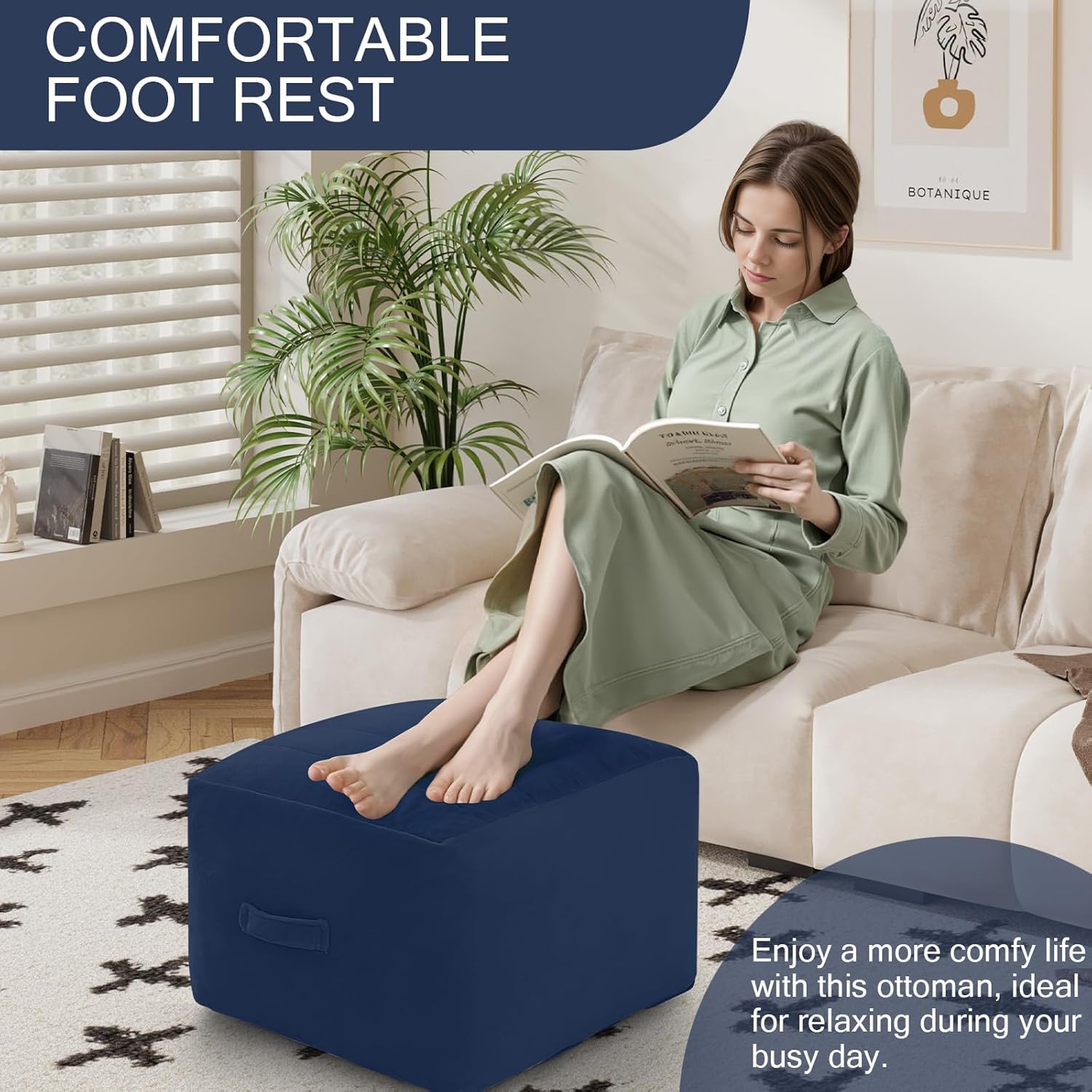 MeMoreCool Square Stuffed Pouf Ottoman Foot Rest, Floor Pouf Foot Stool with Foam Chunk Filling