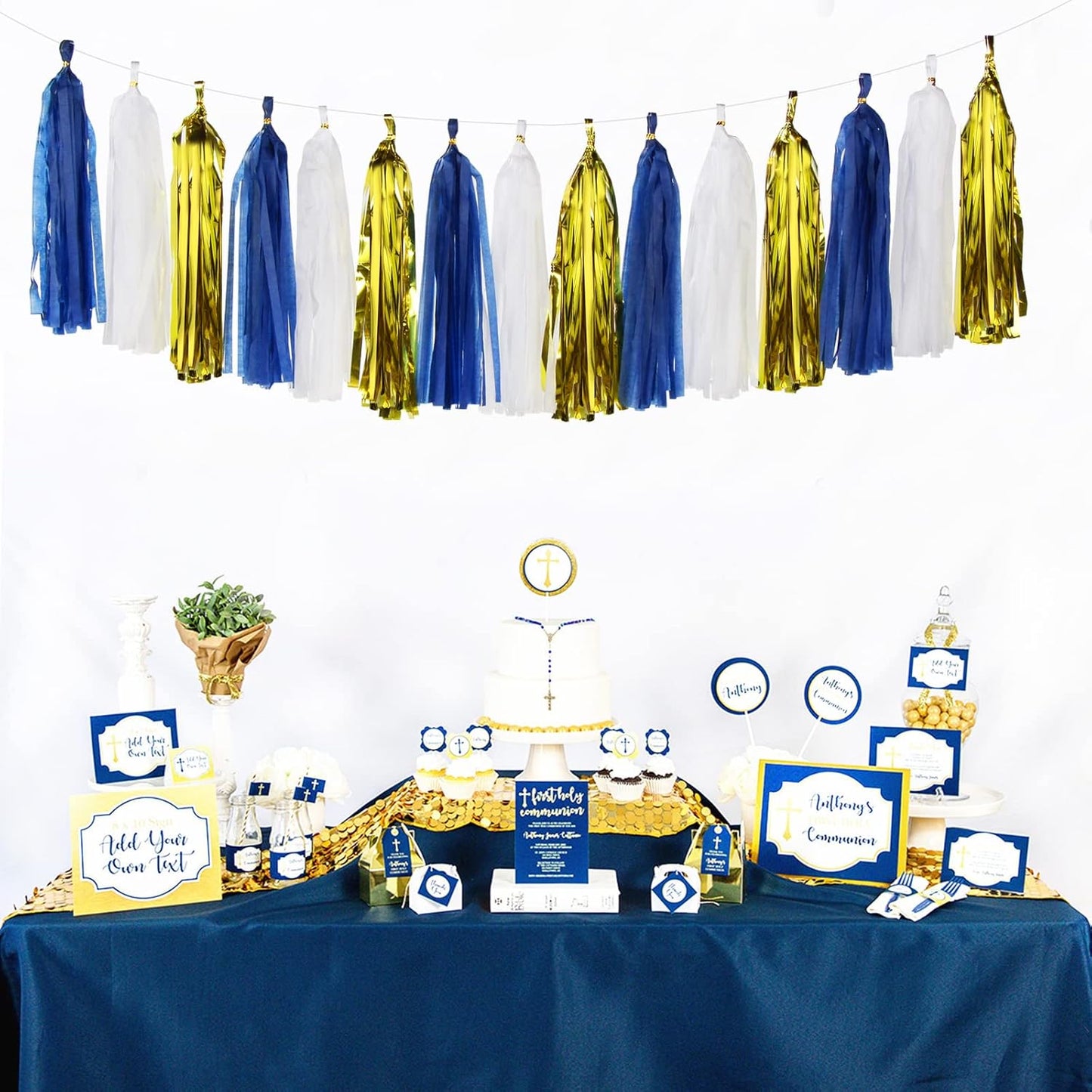 Navy-Blue White-Gold Tassel Garland Streamers- 15pcs Tissue Paper Tassels Banner Party Decorations