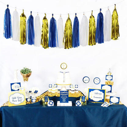 Navy-Blue White-Gold Tassel Garland Streamers- 15pcs Tissue Paper Tassels Banner Party Decorations