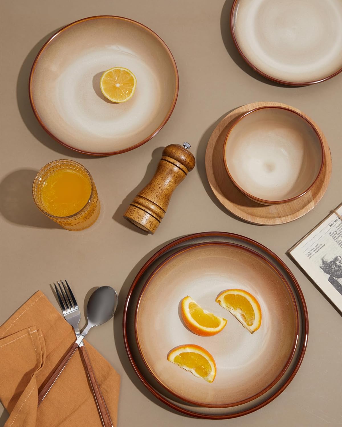 Stoneware Dinnerware Set Service for 4, 12 pcs Reactive Glaze Plates and Bowls Sets, Handmade Round