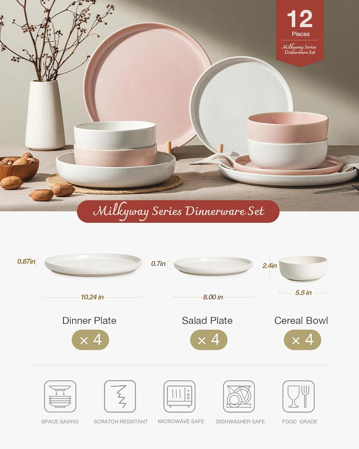 Famiware Milkyway Plates and Bowls Sets, 12 Pieces Dinnerware Sets, Reactive Glaze Dish Set
