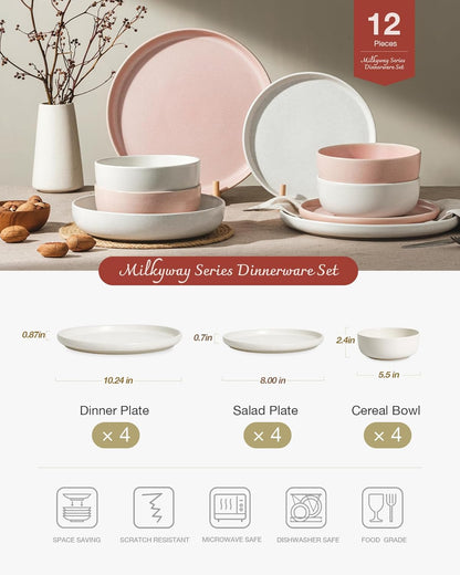 Famiware Milkyway Plates and Bowls Sets, 12 Pieces Dinnerware Sets, Reactive Glaze Dish Set