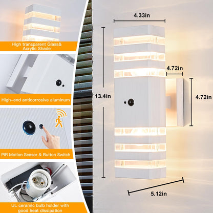 2 Pack Motion Sensor Outdoor Wall Lights with 4 Dimmable Bulbs, Modern White Dusk to Dawn Porch