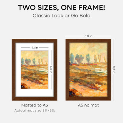 Homeforia A5 Picture Frame Brown, High-End Dark Oak 5.8x8.3 Wood Frame Matted to 4.1x5.8 inch