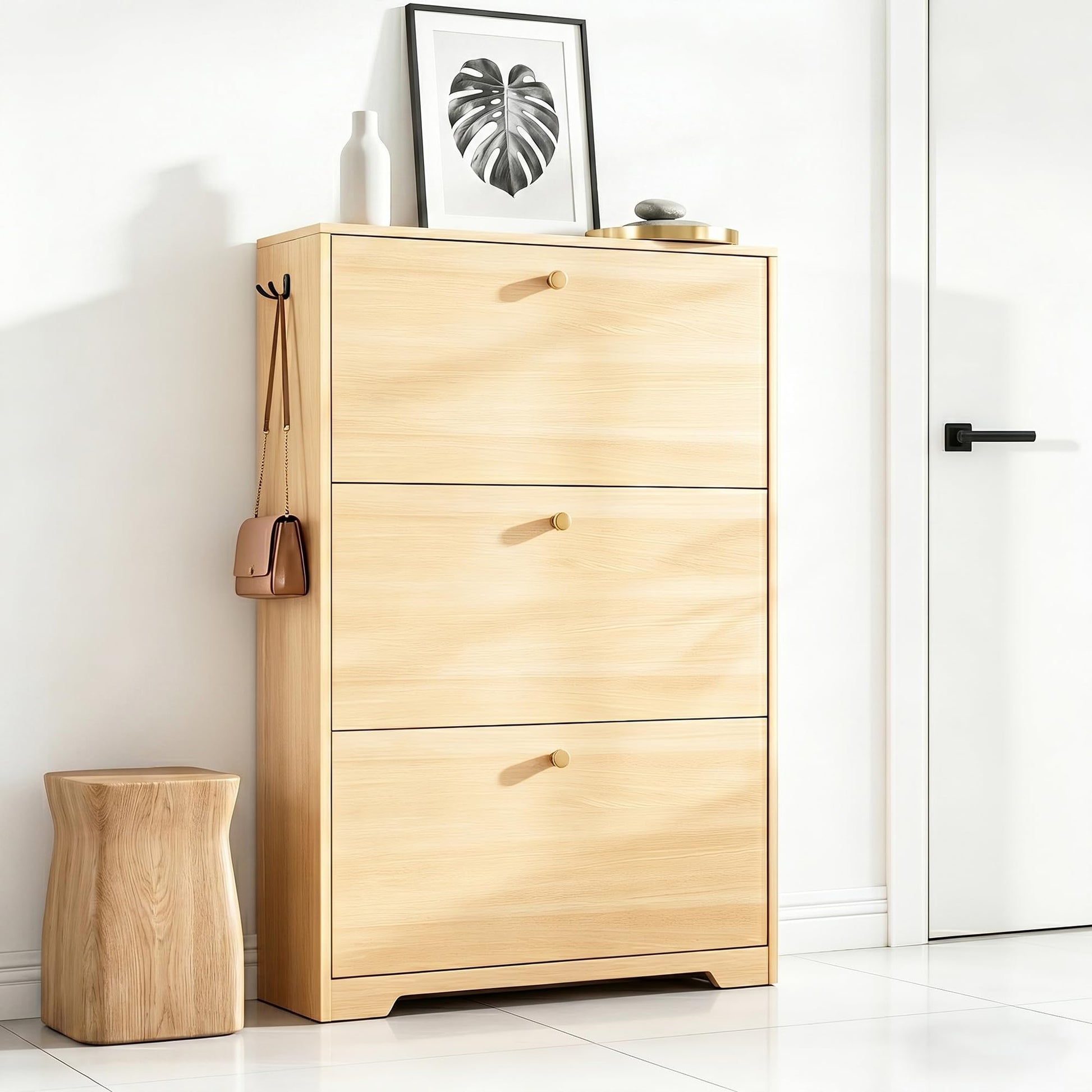 Nicetree Shoe Cabinet with 3 Flip Drawers, Entryway Storage, Natural Oak