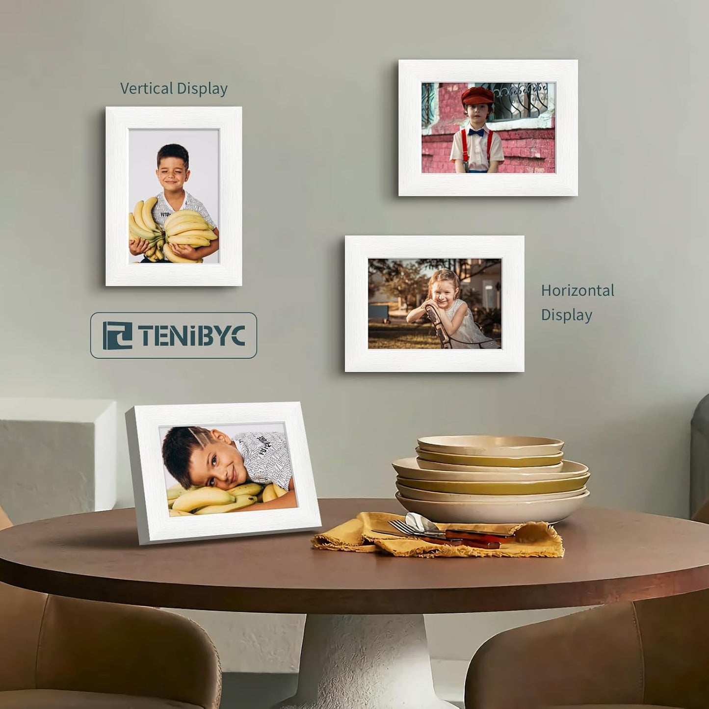 5x7 Picture Frame 3 Pack - White Woodgrain, Solid Wood & HD Tempered Glass, Table Display or Wall