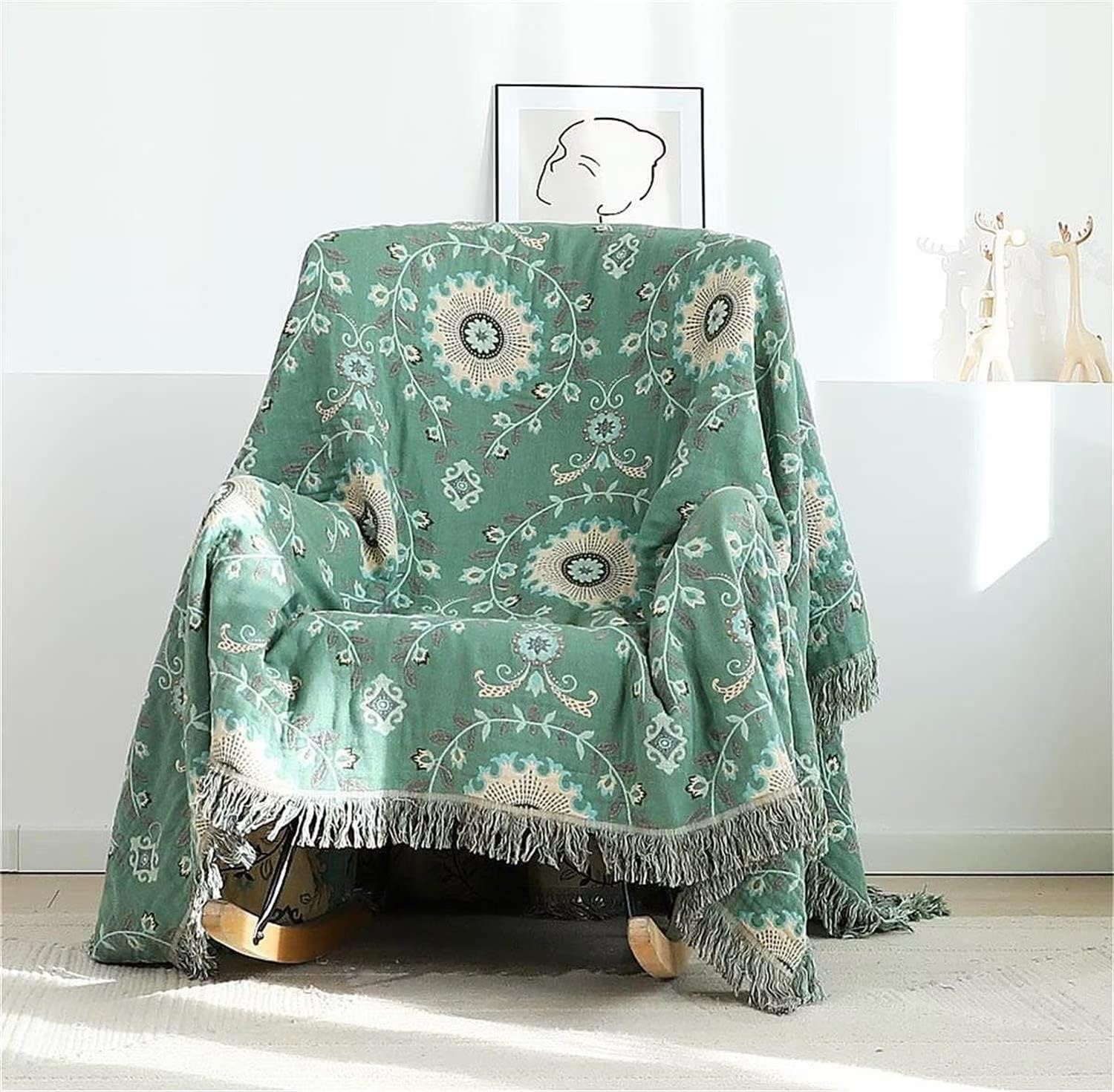 MSGKV Boho Throw Blanket for Couch Bed 100% Cotton Blankets Woven Green Blanket,Versatile Double