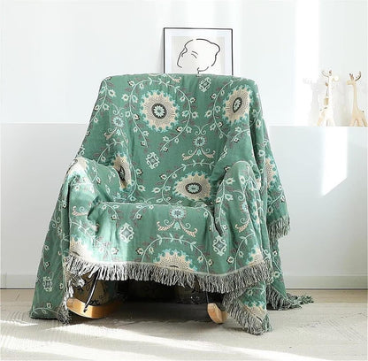 MSGKV Boho Throw Blanket for Couch Bed 100% Cotton Blankets Woven Green Blanket,Versatile Double
