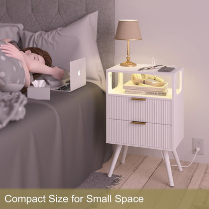 White Nightstand with Charging Station and LED Lights,Modern Bedside Table with 2 Storage Drawer