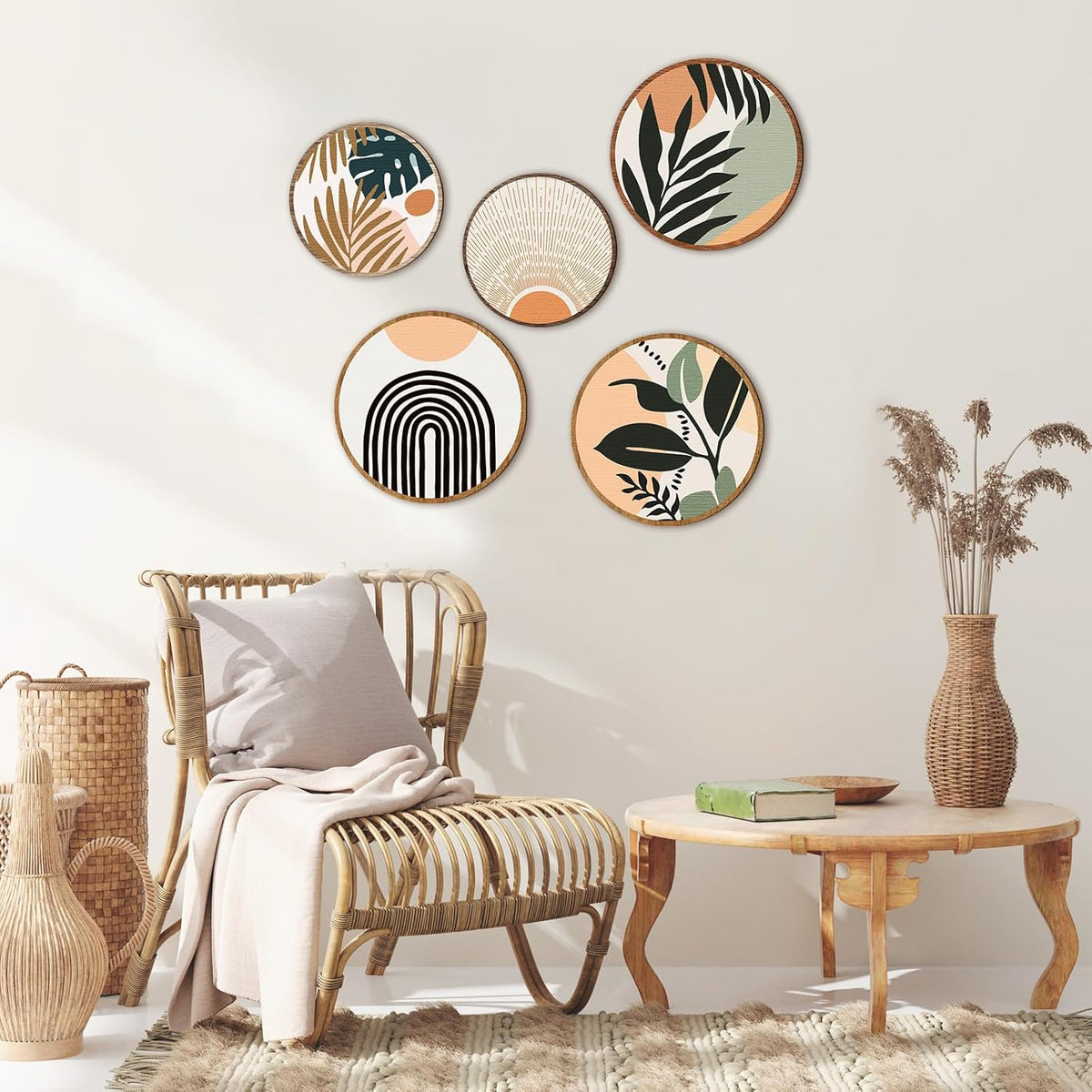 Qunclay 5 Pcs Wall Art Decor Wooden Living Room Wall Decor Bohemian Hanging Farmhouse Geometric