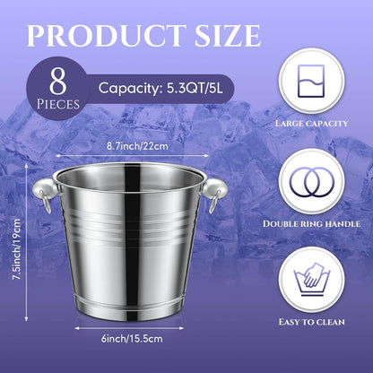 Amyhill 8 Pack Stainless Steel Ice Bucket 5.3 Quart/ 5 Liter with Handle Large Insulated Champagne
