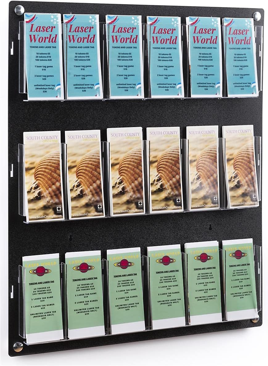 Displays2go Wall Mount Acrylic Brochure Holder, 9-18 Adjustable Pockets, Tiered Design - Black