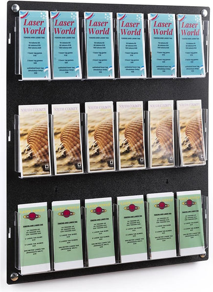 Displays2go Wall Mount Acrylic Brochure Holder, 9-18 Adjustable Pockets, Tiered Design - Black