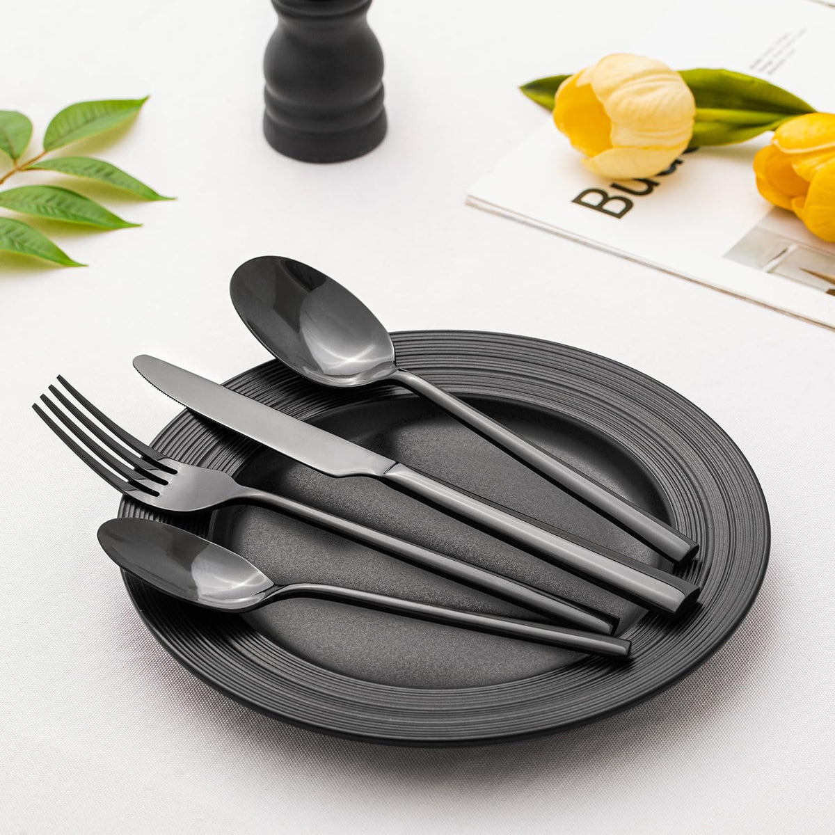 KINGSTONE Black Silverware Set, 40-Piece Forged Flatware Set Cutlery Set Premium Stainless Steel