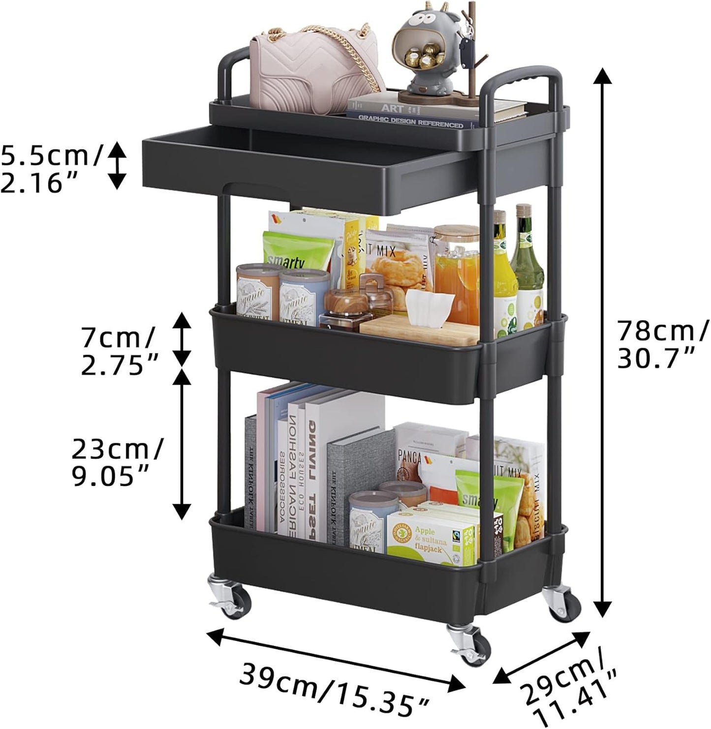 Calmootey 3-Tier Rolling Utility Cart with Drawer,Multifunctional Storage Organizer with Plastic