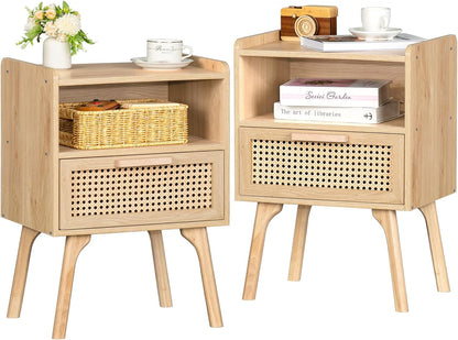 Lerliuo Rattan Nightstands Set of 2, Boho Side Table with Drawer Open Shelf, Cane Accent Bedside