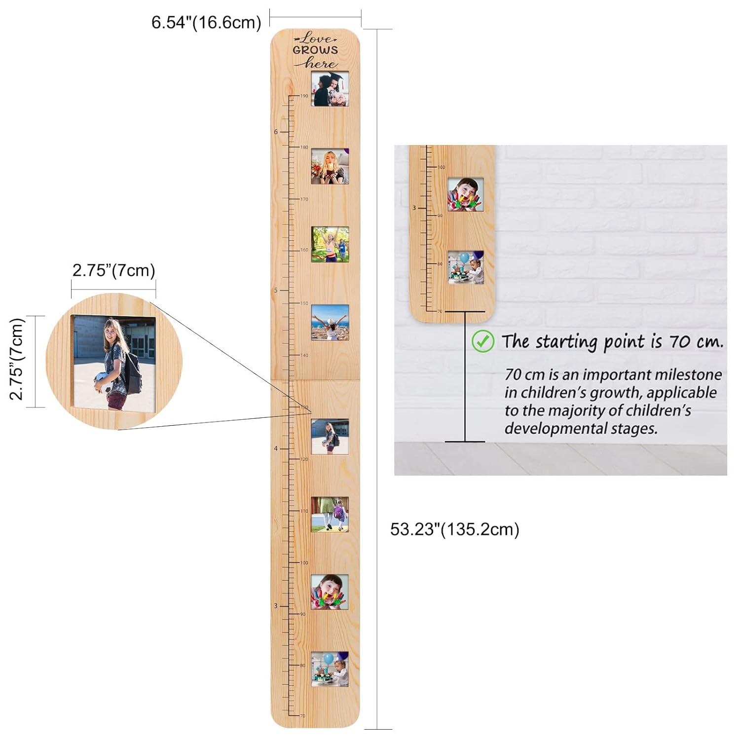 Garybank Solid Wood Growth Chart for Kids with Picture Frames, Height Measurement Ruler Milestone