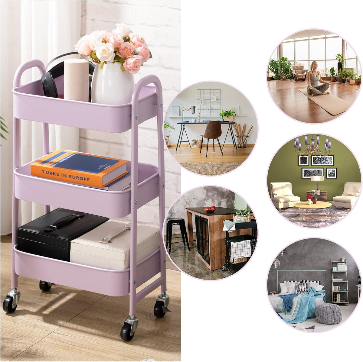 AGTEK Makeup Cart, Movable Rolling Organizer Cart, 3 Tier Metal Utility Cart with Lockable Wheels