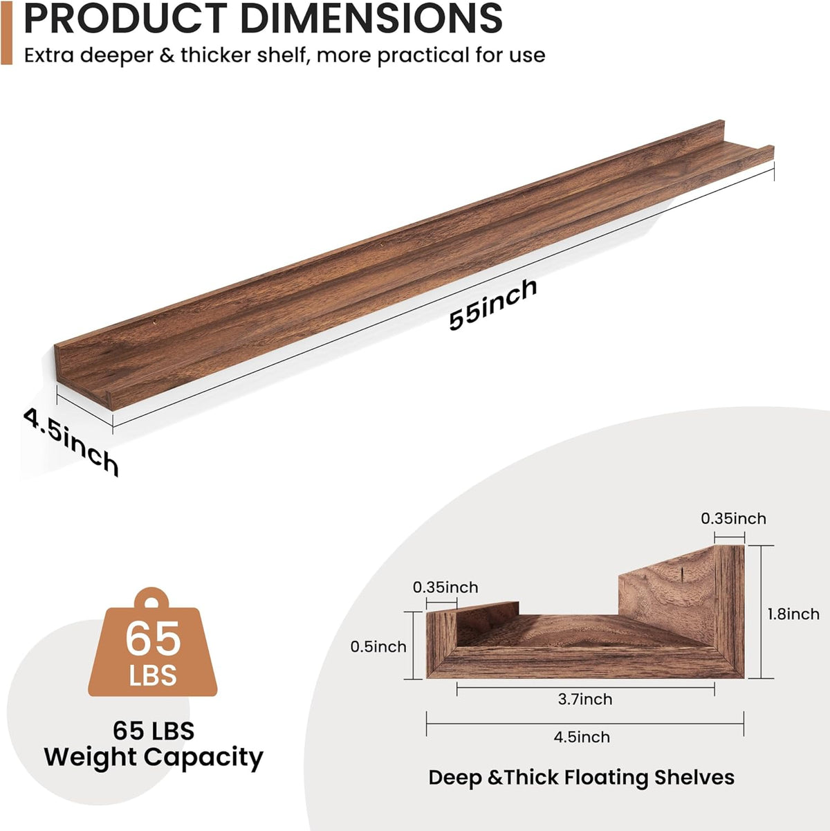Fun Memories Picture Ledge Shelves Set of 2, 55 Inch Rustic Wall Mounted Floating Shelves with Lip