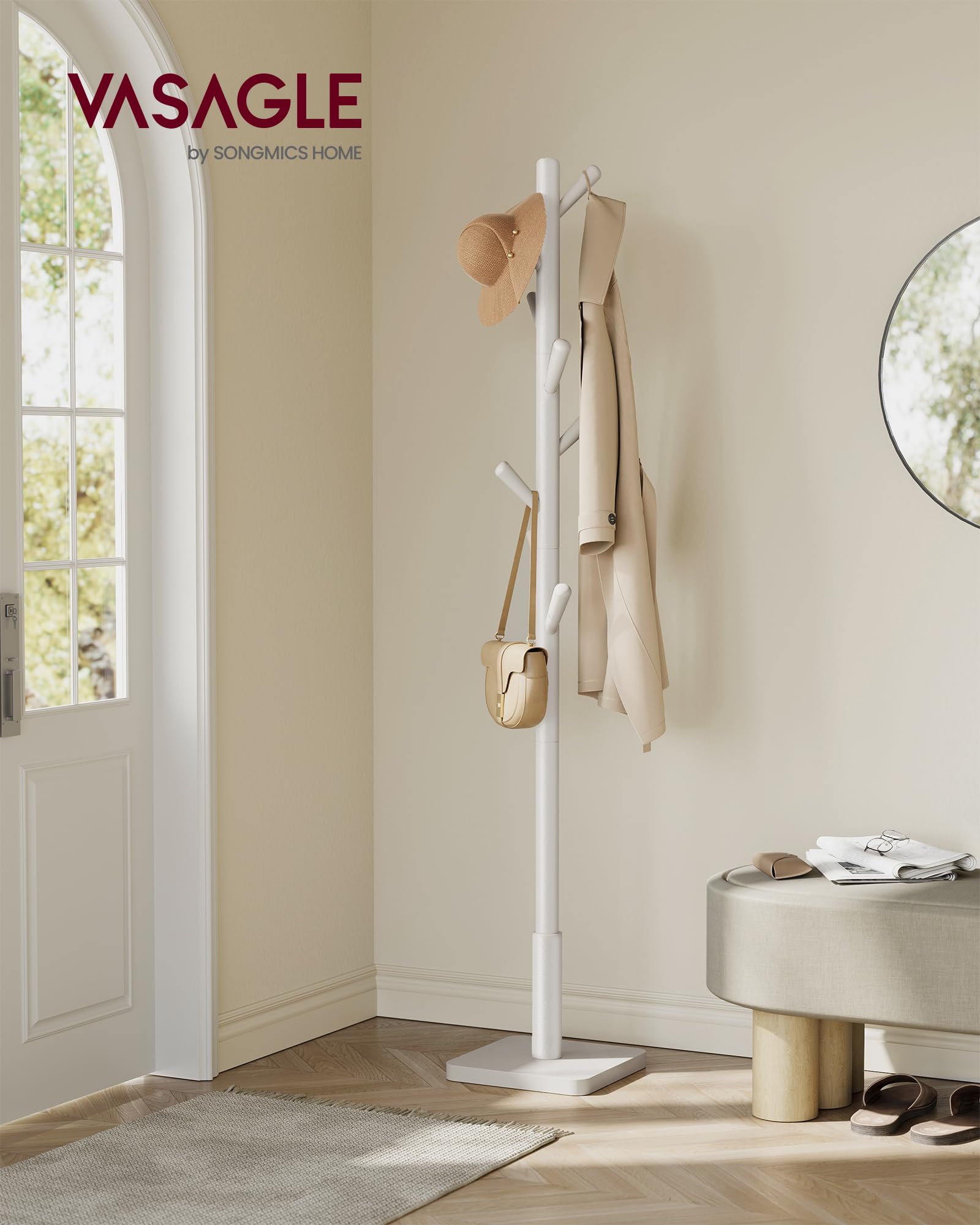 VASAGLE Solid Wood Coat Rack, Free Standing Hall Coat Tree with 8 Hooks, 3 Height Options, for