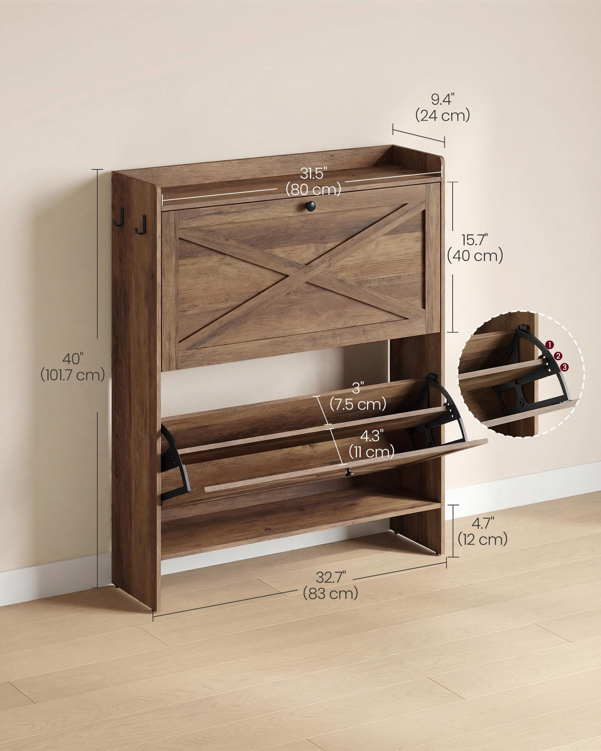 VASAGLE Shoe Storage Cabinet Organizer with 2 Flip Drawers, Freestanding Narrow Shoe Rack Cabinet