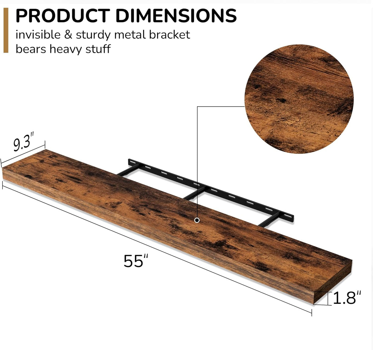 Fun Memories 55 Inch Floating Shelves - 9 Inch Deep Rustic Wooden Wall Shelves - Extra Deeper &