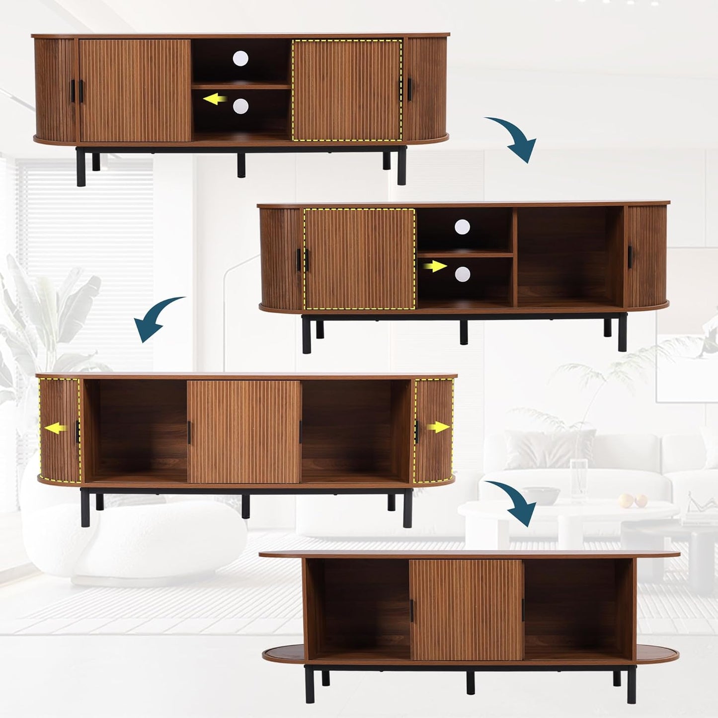62" Tambour Door TV Stand,Wood Mid Century Modern TV Cabinet for Up to 70“ TV,Curved Edge Long TV