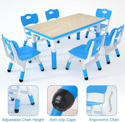 Kids Study Table and 6 Chairs Set,Height Adjustable Table and Chairs for Children and