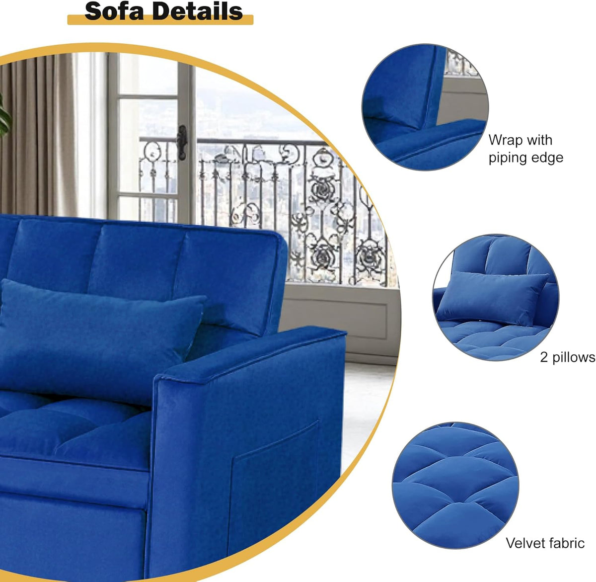 3 in 1 Sleeper Sofa Bed, Futon Sofa Bed for Living Room with Side Pocket, Blue Sleepers Sofas Couch