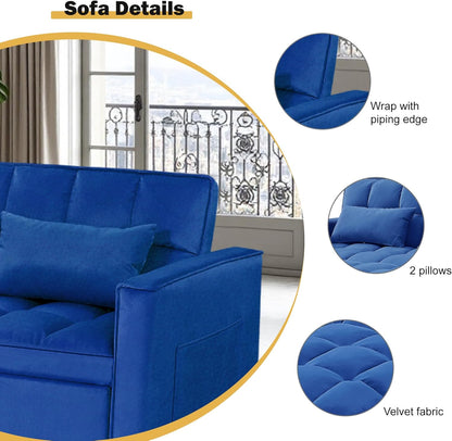 3 in 1 Sleeper Sofa Bed, Futon Sofa Bed for Living Room with Side Pocket, Blue Sleepers Sofas Couch