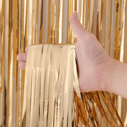 3 Pack 3.3x8.2 Feet Champagne Foil Fringe Backdrop Curtains, Tinsel Streamers Birthday Party