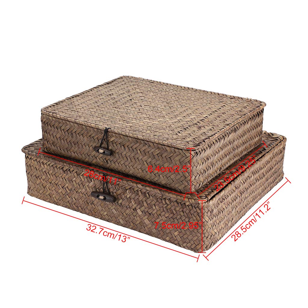 Hipiwe Set of 2 Flat Woven Wicker Storage Bins with Lid Seagrass Basket