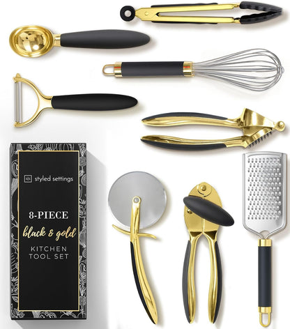 Black and Gold Kitchen Utensils - Luxe 8-Piece Gold Kitchen Tools Set with Can Opener, Pizza