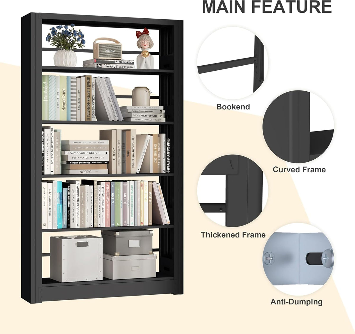 Large Metal Bookcase, 69” Modular Bookshelf with Storage, 5 Tier Bookcase with Adjustable Shelves