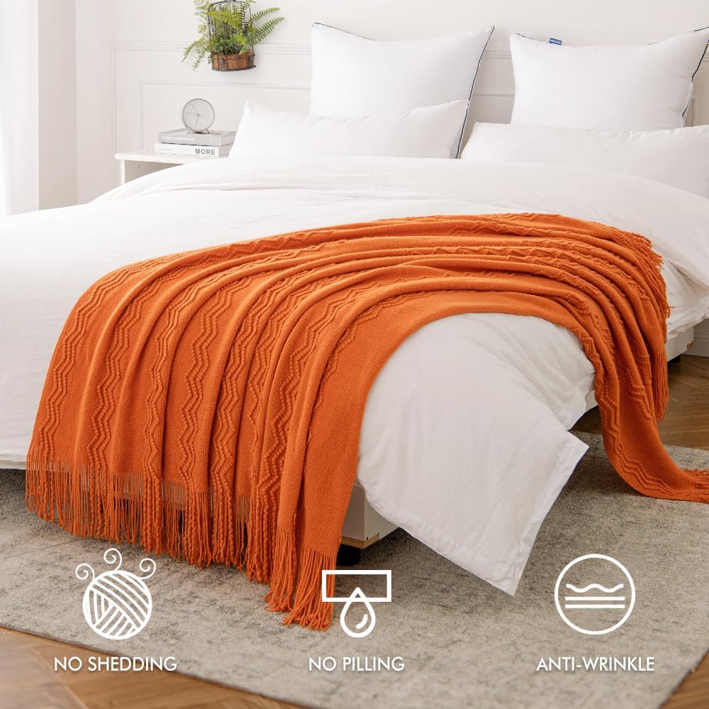 MIULEE Burnt Orange Knitted Throw Blanket for Couch Boho Textured Cozy Woven Blanket with Tassels