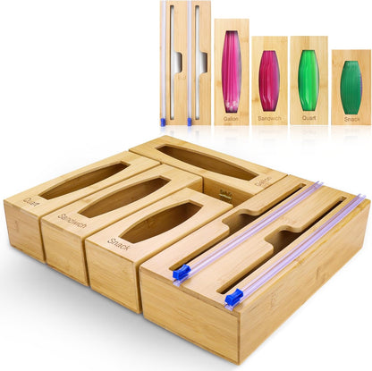 Individual Storage Bag Organizer for Kitchen Drawer, Bamboo with Foil and Plastic Wrap Organizer
