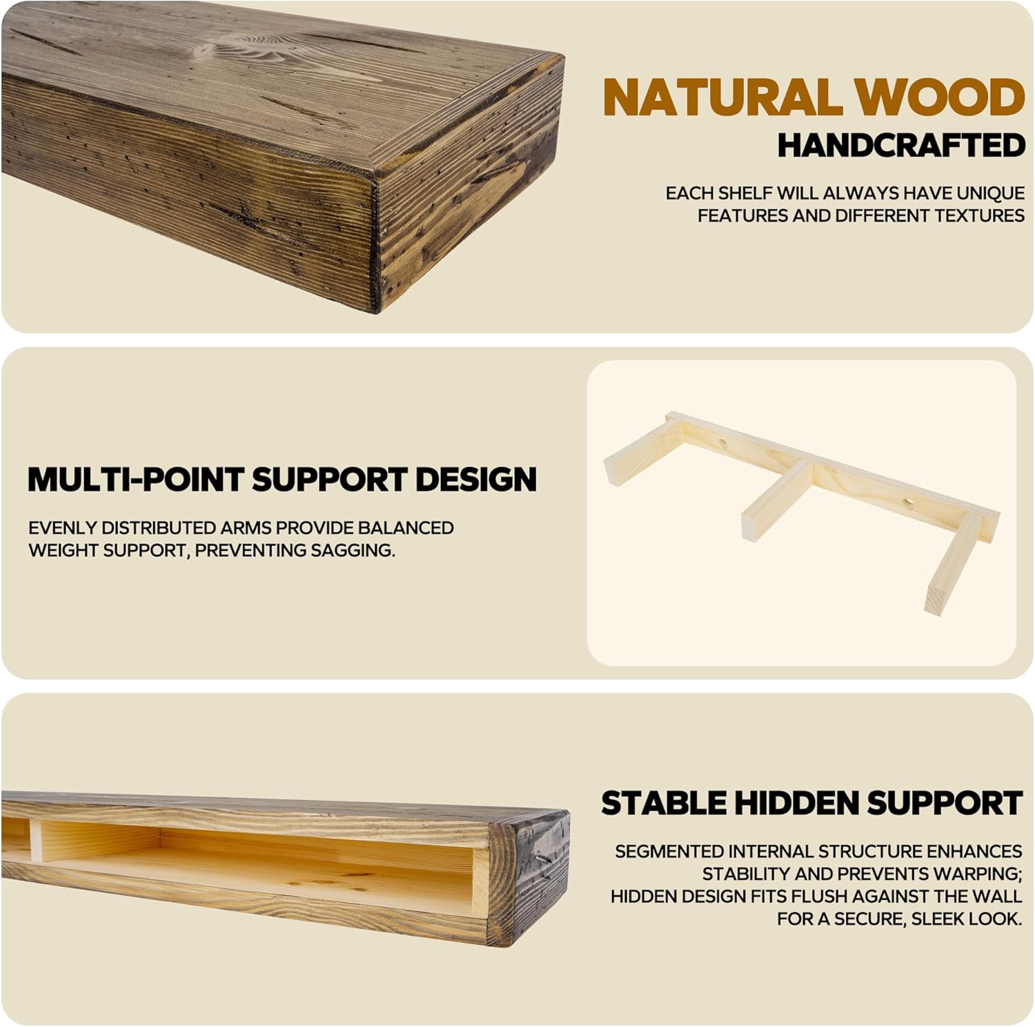Floating Shelves 3 inch Thick for Wall Set of 2,Solid Pine Wood Wall Mount Shelf for Kitchen Living