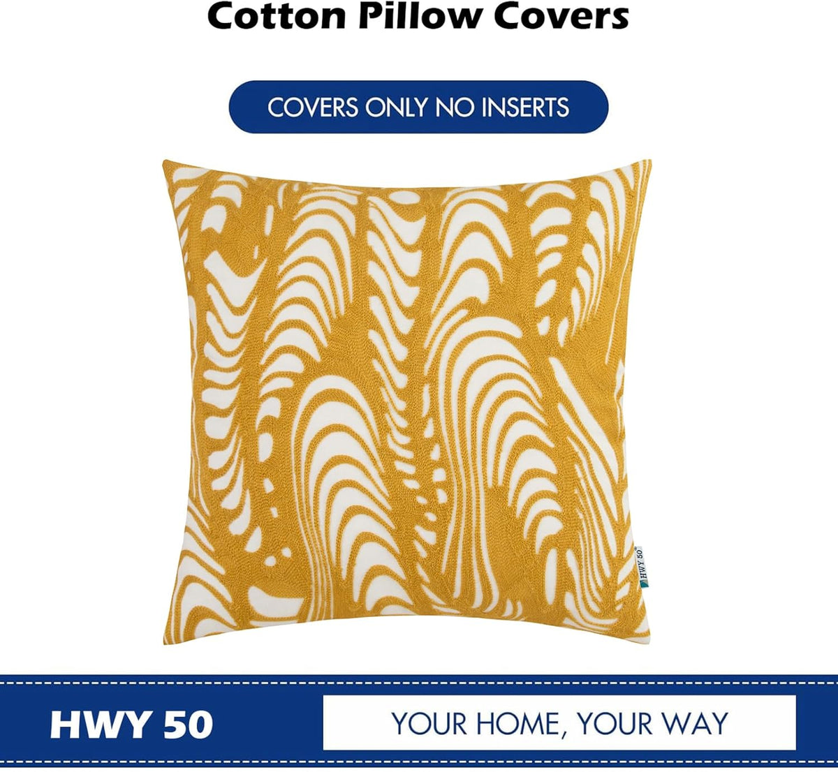 HWY 50 Yellow Decorative Throw Pillow Covers 18x18 Inch (1 Piece), Embroidered Cotton Farmhouse