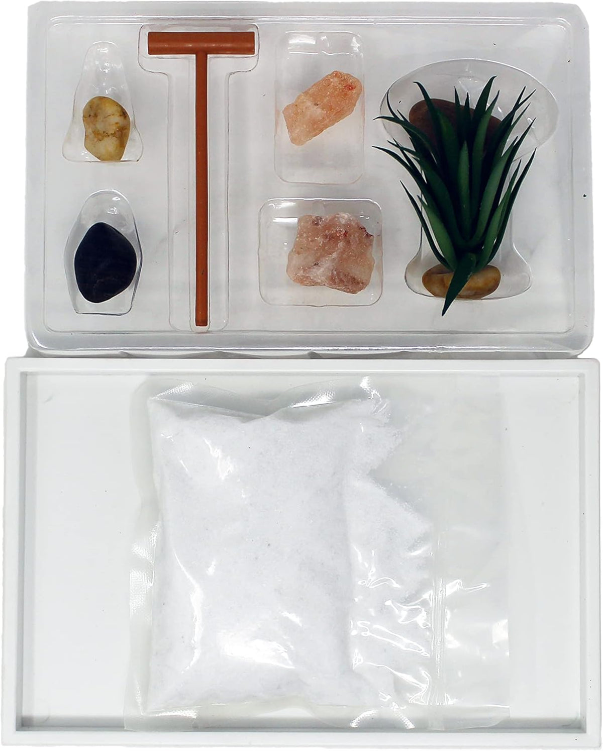Nature's Mark Mini Zen Garden Kit for Desk with White Sand, Rake, White Base, Salt Rock and Air
