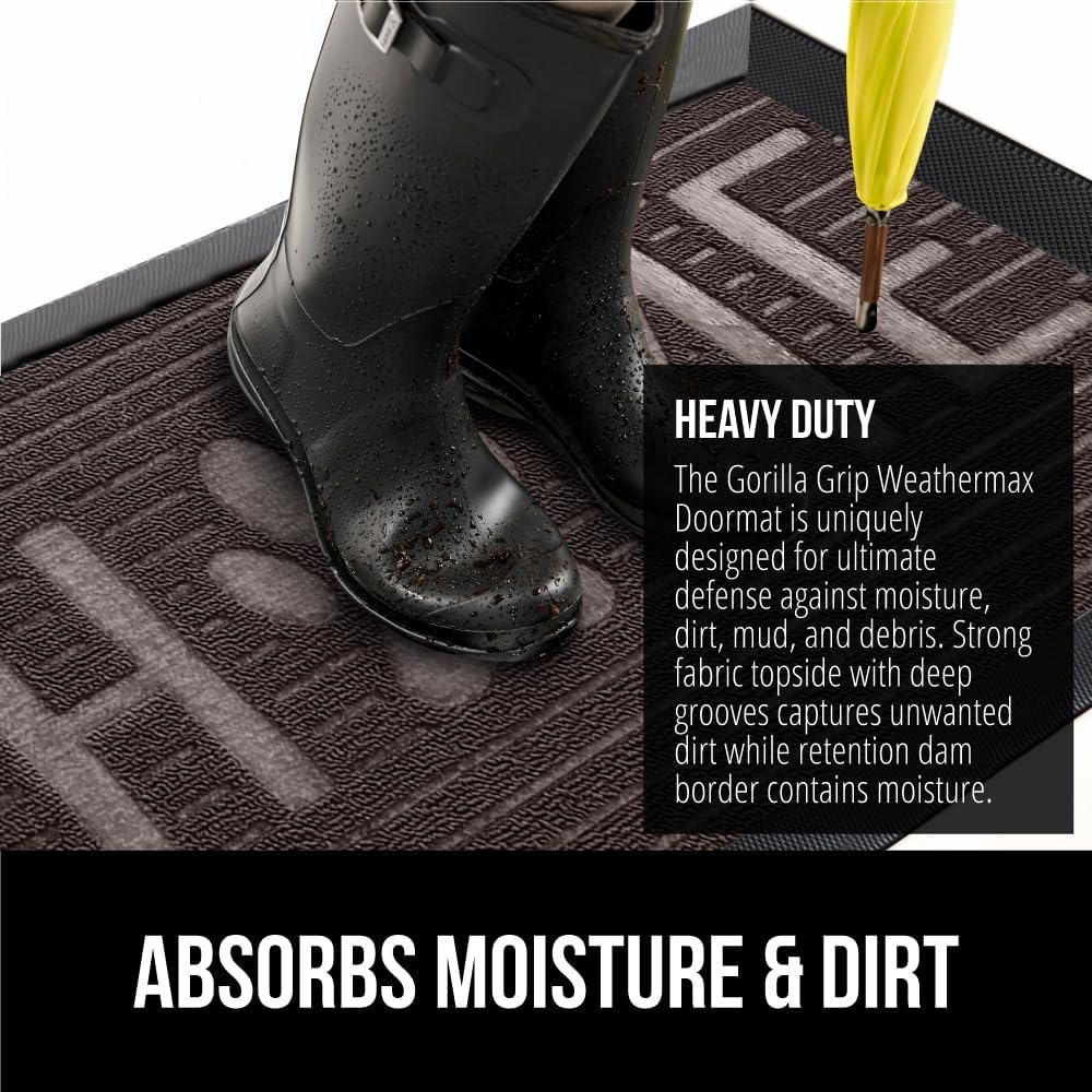 GORILLA GRIP 100% Waterproof All-Season WeatherMax Doormat, 47x35, US Designed Natural Rubber