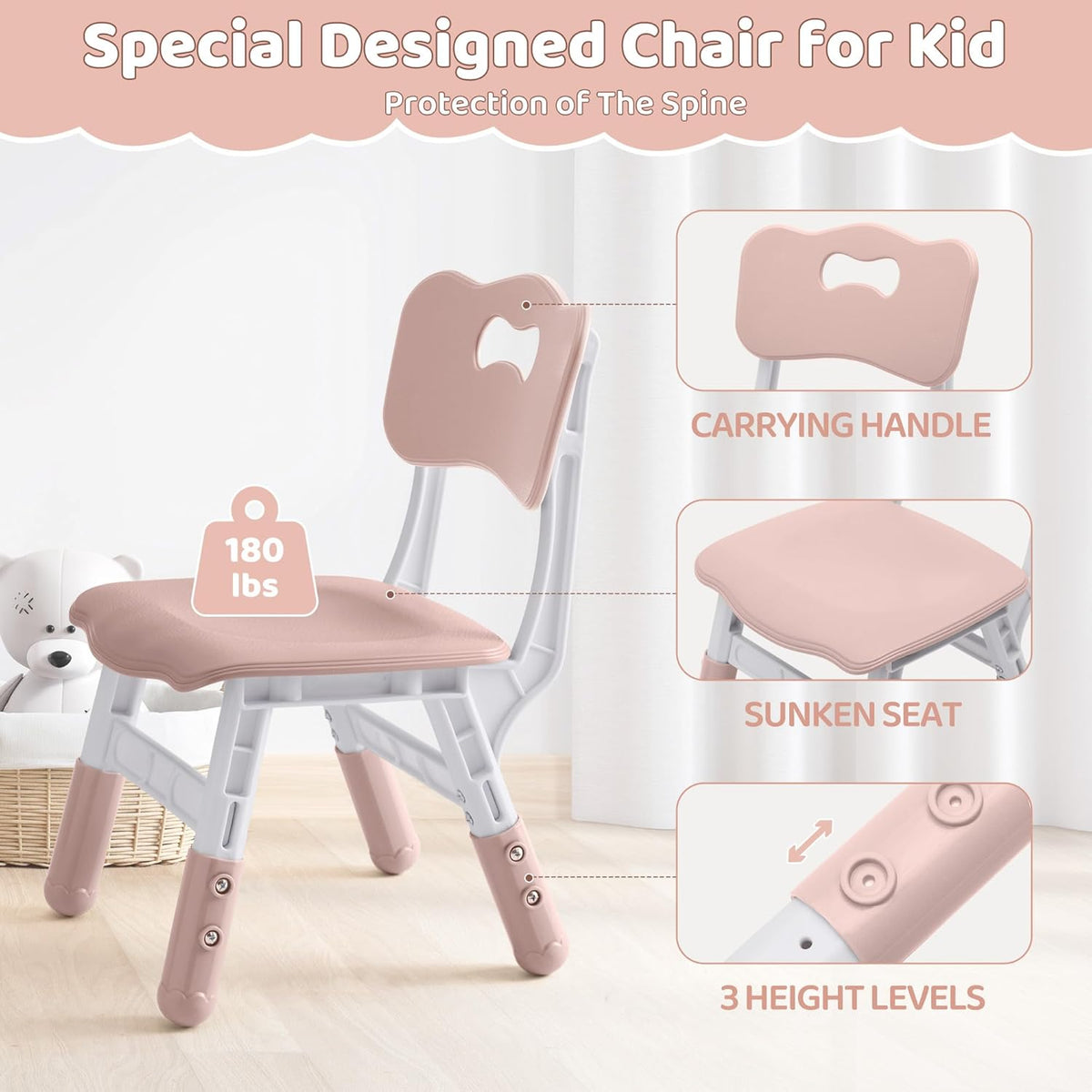 Kids Table and 2 Chairs Set, Height Adjustable (17.7"-26.1") Toddler Table and Chair Set