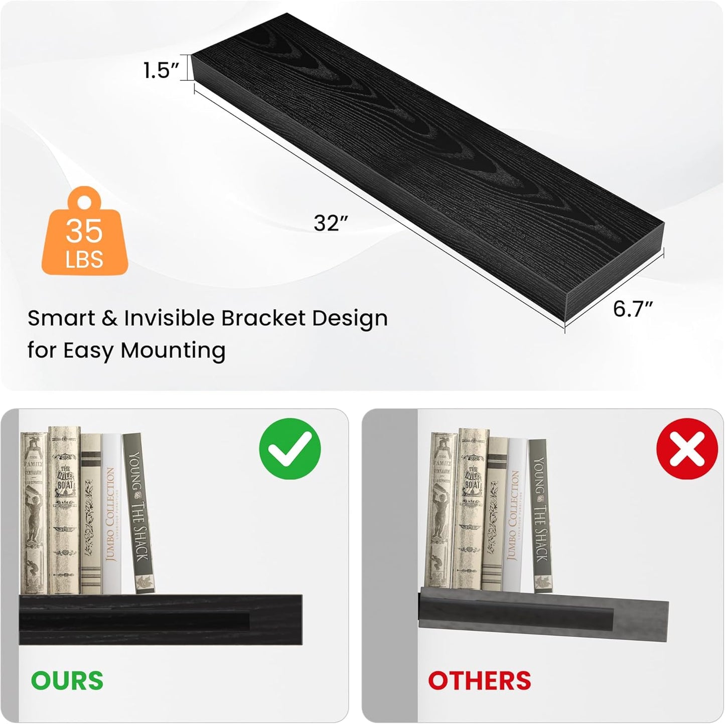 Floating Shelves for Wall, 31.5" W x 6.7" D x 1.5" H, Wooden Wall Mounted Display Shelves with
