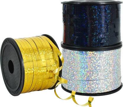 BEISHIDA 3 Pack 100 Yards Gold Silver Black Curling Crimped Glitter Ribbon Balloon String Shiny